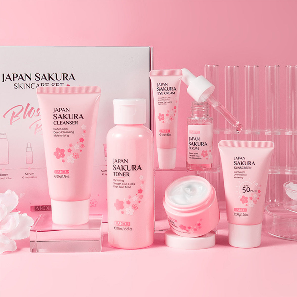 Hautpflege-Set JAPAN SAKURA mit Reinigungsmittel, Toner, Lotion, Serum, Augencreme, Gesichtscreme 6 Teile 