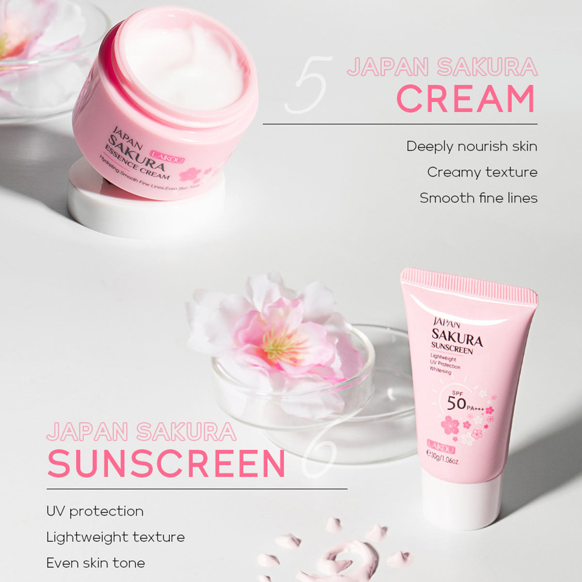 Hautpflege-Set JAPAN SAKURA mit Reinigungsmittel, Toner, Lotion, Serum, Augencreme, Gesichtscreme 6 Teile 