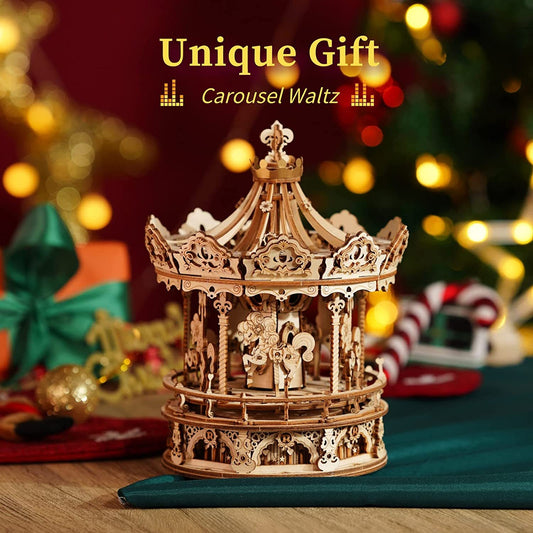 3D wooden puzzle - rotating romantic carousel with music