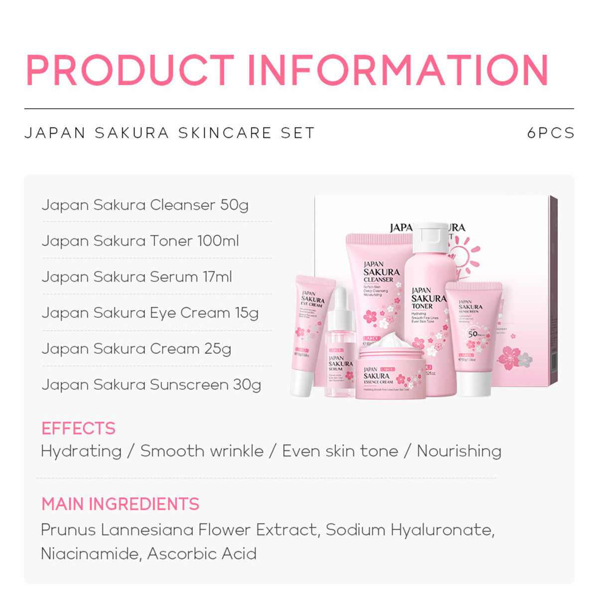 Hautpflege-Set JAPAN SAKURA mit Reinigungsmittel, Toner, Lotion, Serum, Augencreme, Gesichtscreme 6 Teile 