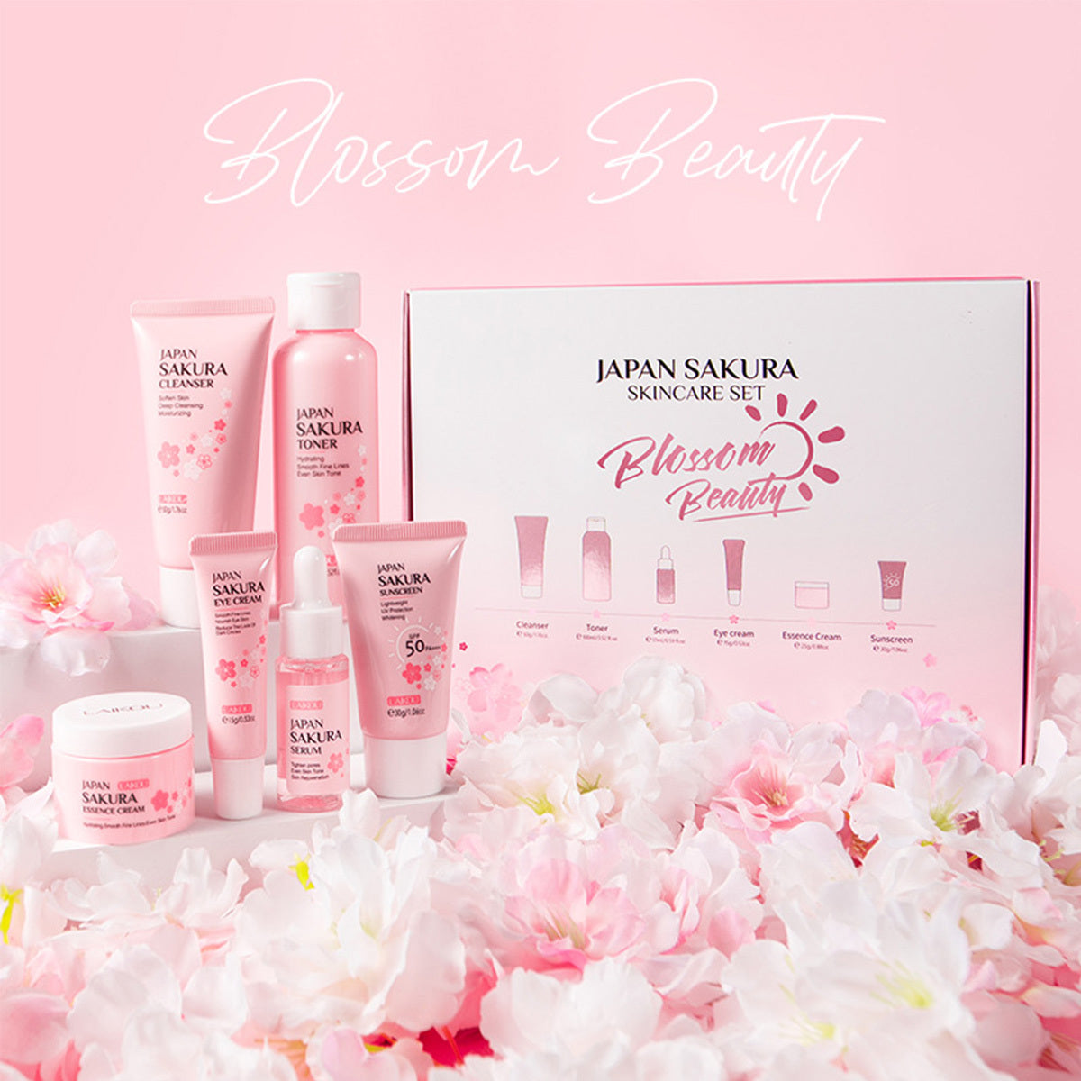 Hautpflege-Set JAPAN SAKURA mit Reinigungsmittel, Toner, Lotion, Serum, Augencreme, Gesichtscreme 6 Teile 