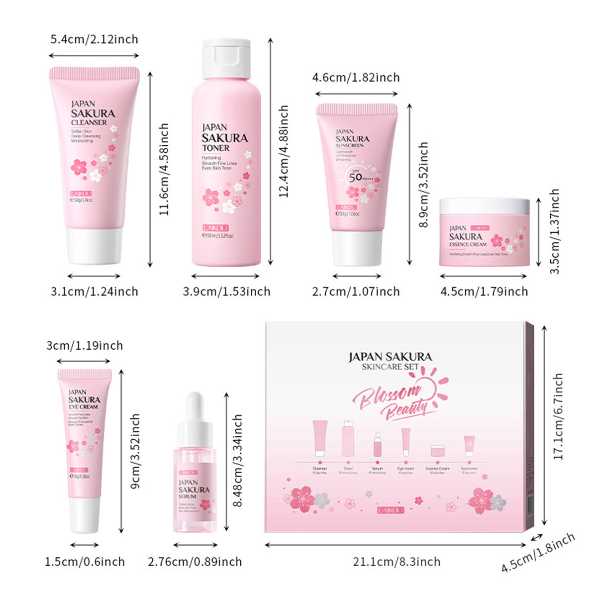 Hautpflege-Set JAPAN SAKURA mit Reinigungsmittel, Toner, Lotion, Serum, Augencreme, Gesichtscreme 6 Teile 