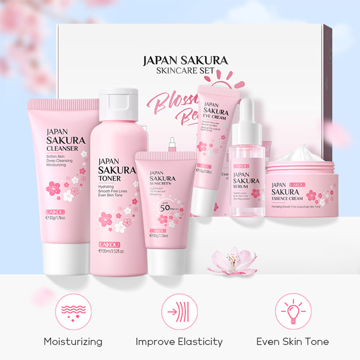 Hautpflege-Set JAPAN SAKURA mit Reinigungsmittel, Toner, Lotion, Serum, Augencreme, Gesichtscreme 6 Teile 